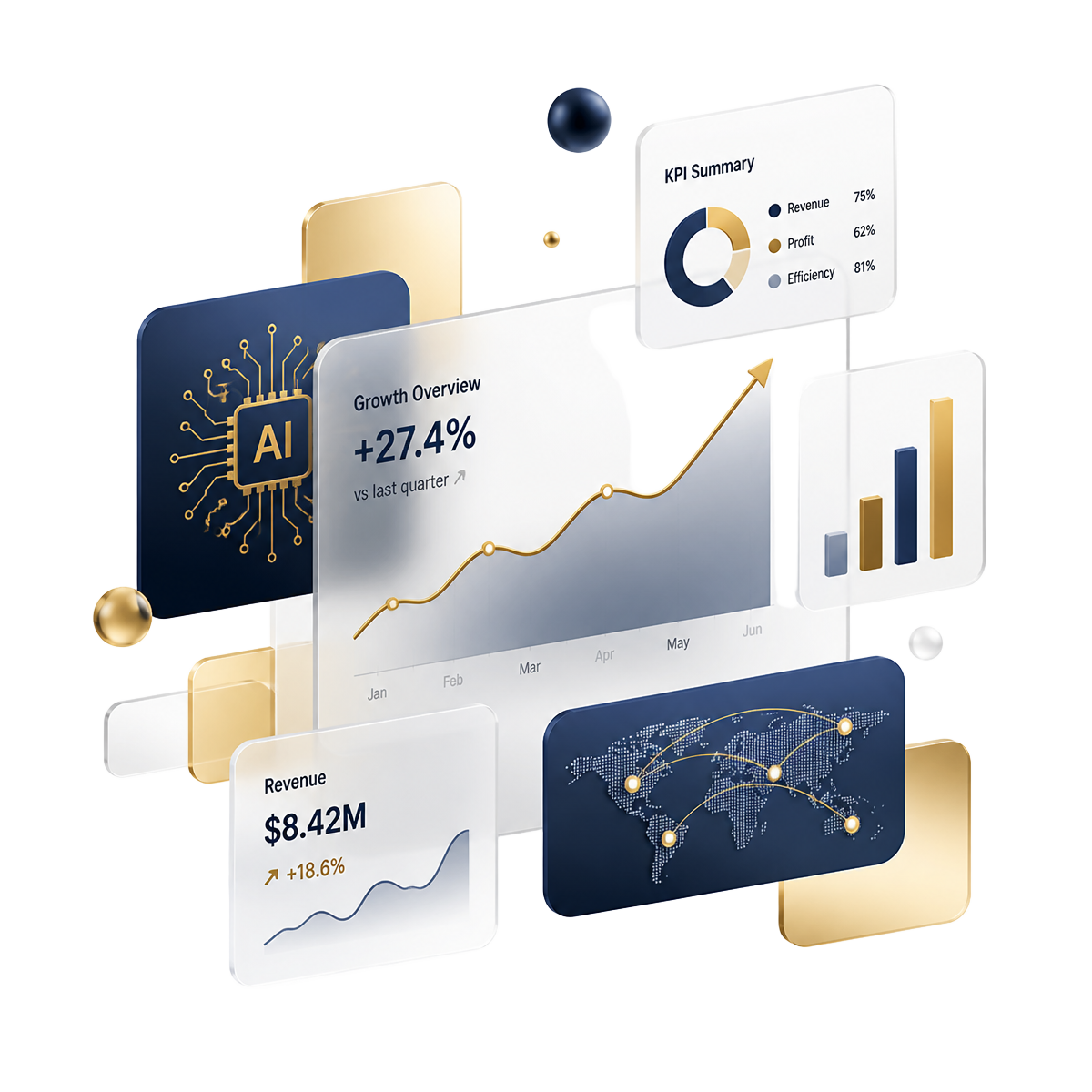 Illustration of business dashboards showing growth charts, KPIs and AI-assisted analysis